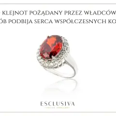 Elegancki pierścionek z dużym, czerwonym rubinem w otoczeniu błyszczących kamieni. Ten rubin kamień, niegdyś symbol władzy, dziś zachwyca kobiety.
