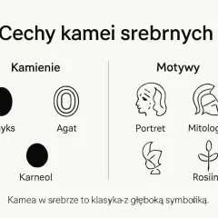 Kamea co to? Wyjaśnienie cech kamei srebrnych: kamienie (onyks, agat, karneol) i motywy (portret, mitologia, roślina).