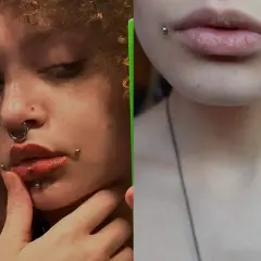 Dwa zbliżenia na twarze z kolczykami. Po lewej dziewczyna z kolczykiem w nosie i ustach, po prawej zbliżenie na usta z dahlia piercing.
