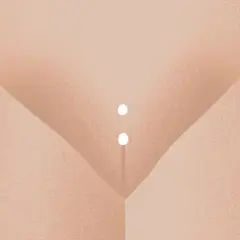 Ilustracja przedstawiająca kobiece okolice intymne z dwoma białymi koralikami piercingu.