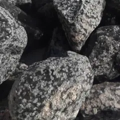 Grupka kamieni, w tym piękny obsydian śnieżny, z widocznymi białymi wtrąceniami na czarnym tle.