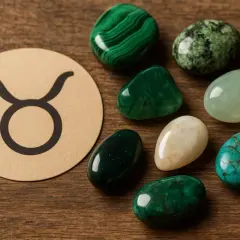 Symbol byka i różne zielone, białe i turkusowe kamienie. Idealne kamienie dla byka.