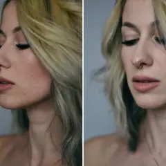 Kobieta z blond włosami i złotym kółkiem w nosie, czyli septum.