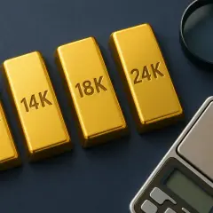 Sztabki złota 10K, 14K, 18K, 24K, łańcuszek, lupa i waga.