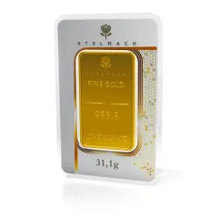 Sztabka złota Stelmach "Fine Gold" o próbie 999,9. Waga: jedna uncja, czyli 31,1g.