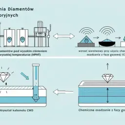 Schemat pokazuje, jak powstaje diament laboratoryjny: metodą HPHT (wysokie ciśnienie i temperatura) lub CVD (chemiczne osadzanie z fazy gazowej).