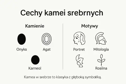 Kamea co to? Wyjaśnienie cech kamei srebrnych: kamienie (onyks, agat, karneol) i motywy (portret, mitologia, roślina).