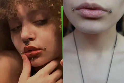 Dwa zbliżenia na twarze z kolczykami. Po lewej dziewczyna z kolczykiem w nosie i ustach, po prawej zbliżenie na usta z dahlia piercing.