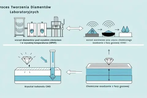 Schemat pokazuje, jak powstaje diament laboratoryjny: metodą HPHT (wysokie ciśnienie i temperatura) lub CVD (chemiczne osadzanie z fazy gazowej).