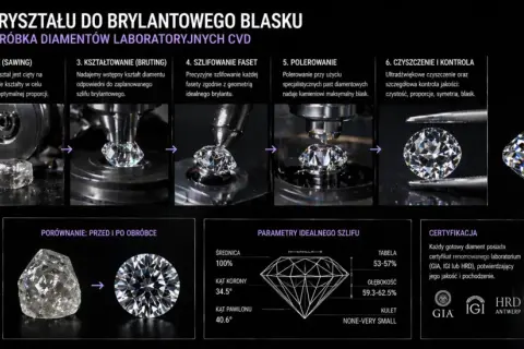 Proces tworzenia diamentu: od surowego kryształu do brylantowego blasku. Zobacz, jak wygląda diament po precyzyjnej obróbce.