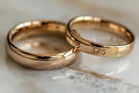 Dwa złote obrączki, jedna z wygrawerowaną próbą złota 375, symbolizujące wieczną miłość.