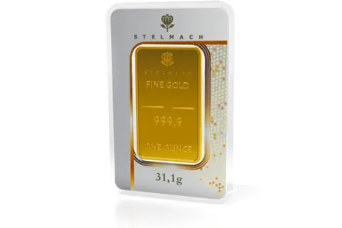 Sztabka złota Stelmach "Fine Gold" o próbie 999,9. Waga: jedna uncja, czyli 31,1g.