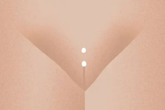 Ilustracja przedstawiająca kobiece okolice intymne z dwoma białymi koralikami piercingu.