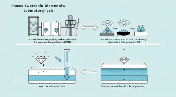 Schemat pokazuje, jak powstaje diament laboratoryjny: metodą HPHT (wysokie ciśnienie i temperatura) lub CVD (chemiczne osadzanie z fazy gazowej).
