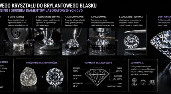 Proces tworzenia diamentu: od surowego kryształu do brylantowego blasku. Zobacz, jak wygląda diament po precyzyjnej obróbce.