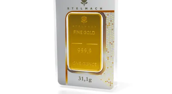 Sztabka złota Stelmach "Fine Gold" o próbie 999,9. Waga: jedna uncja, czyli 31,1g.