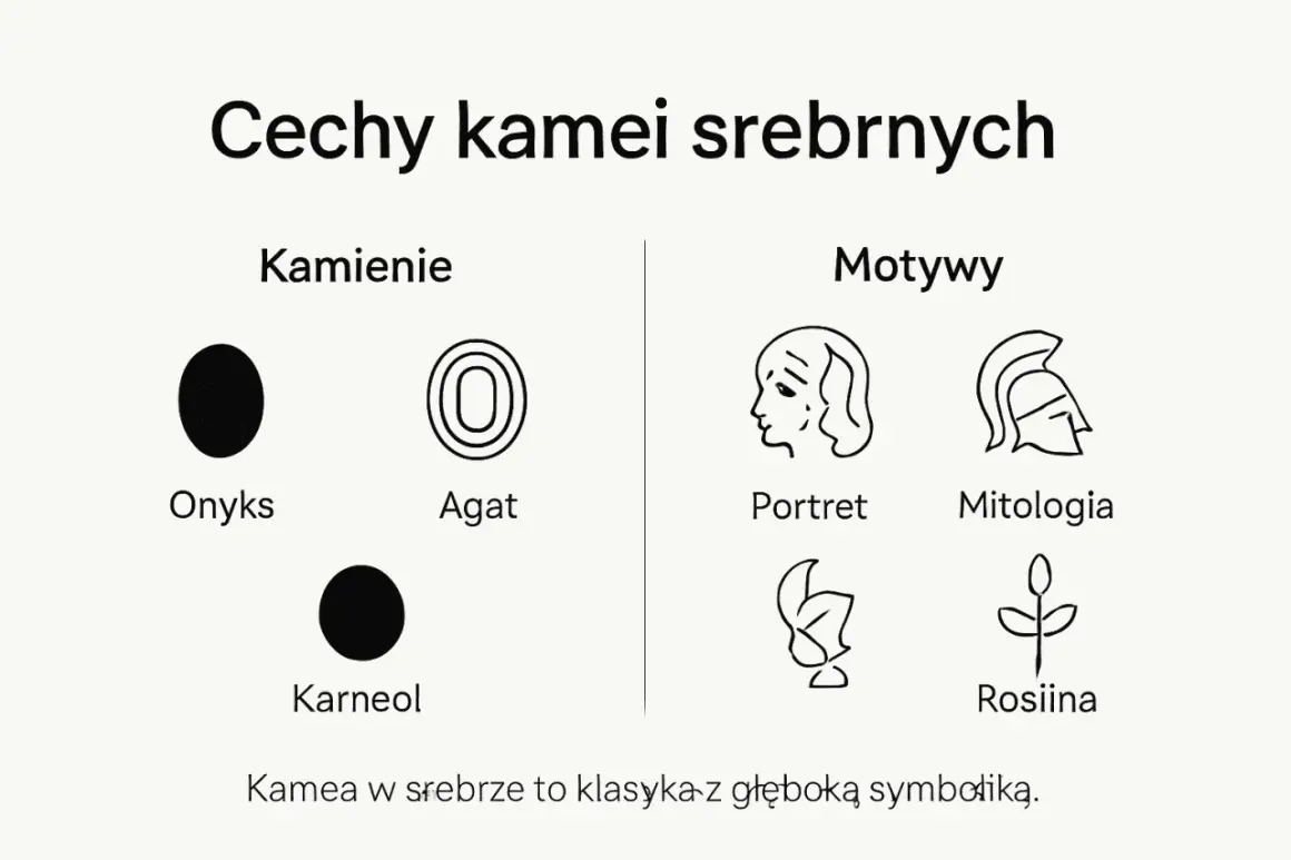 Kamea co to? Wyjaśnienie cech kamei srebrnych: kamienie (onyks, agat, karneol) i motywy (portret, mitologia, roślina).