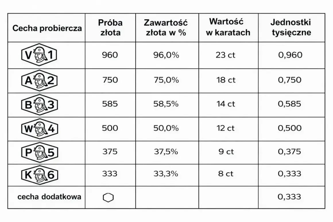 Tabela z próbami złota: próba złota 750 oznacza 75% czystego złota, co odpowiada 18 karatom.