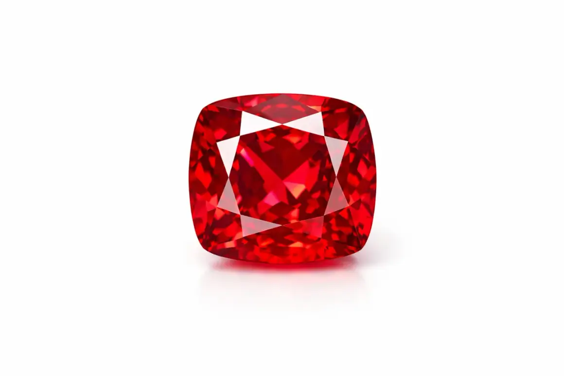 Czerwony, fasetowany **spinel** o kształcie poduszki, lśniący w świetle.