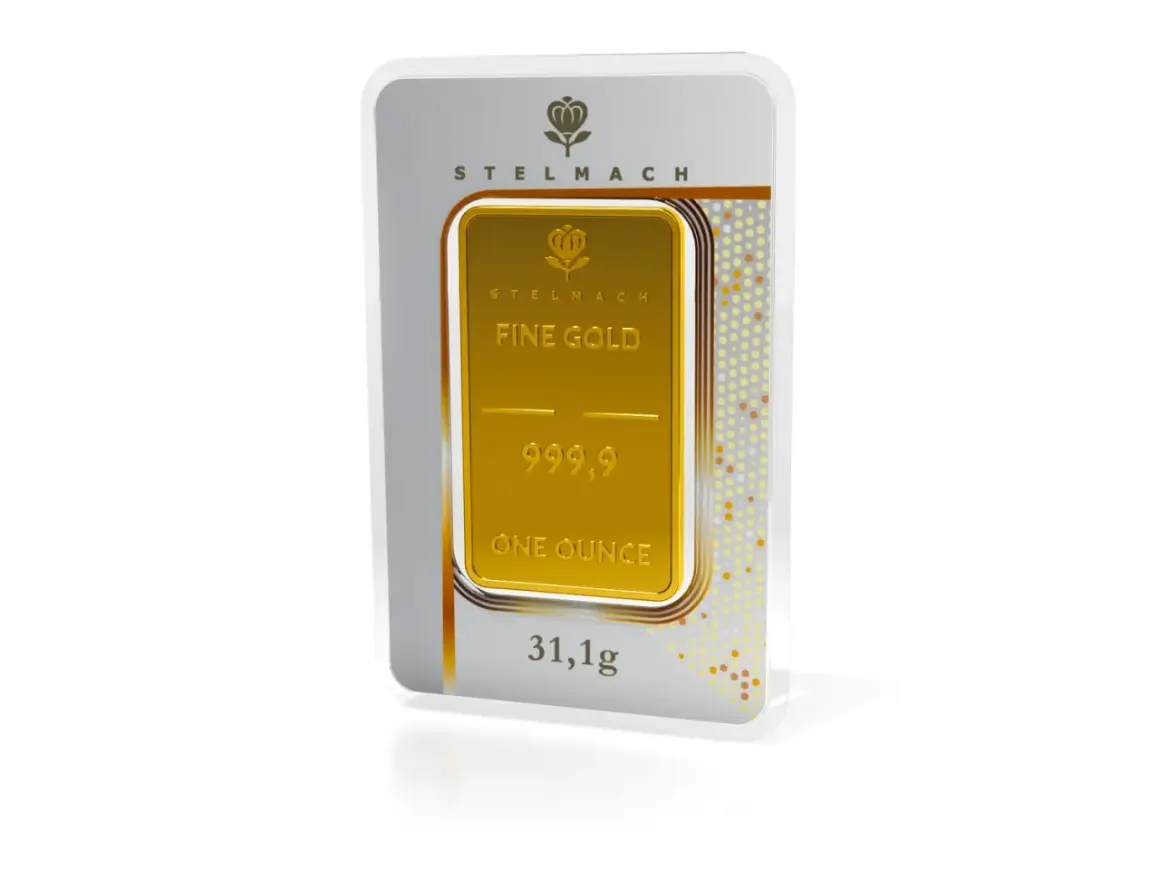 Sztabka złota Stelmach "Fine Gold" o próbie 999,9. Waga: jedna uncja, czyli 31,1g.