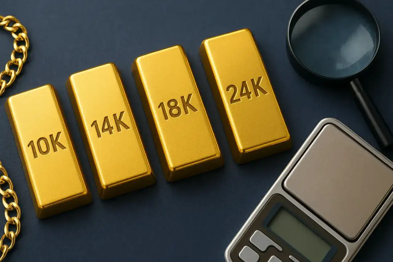 Sztabki złota o próbach 10K, 14K, 18K i 24K. Jaką próbę ma 9 karatowe złoto? To 375.