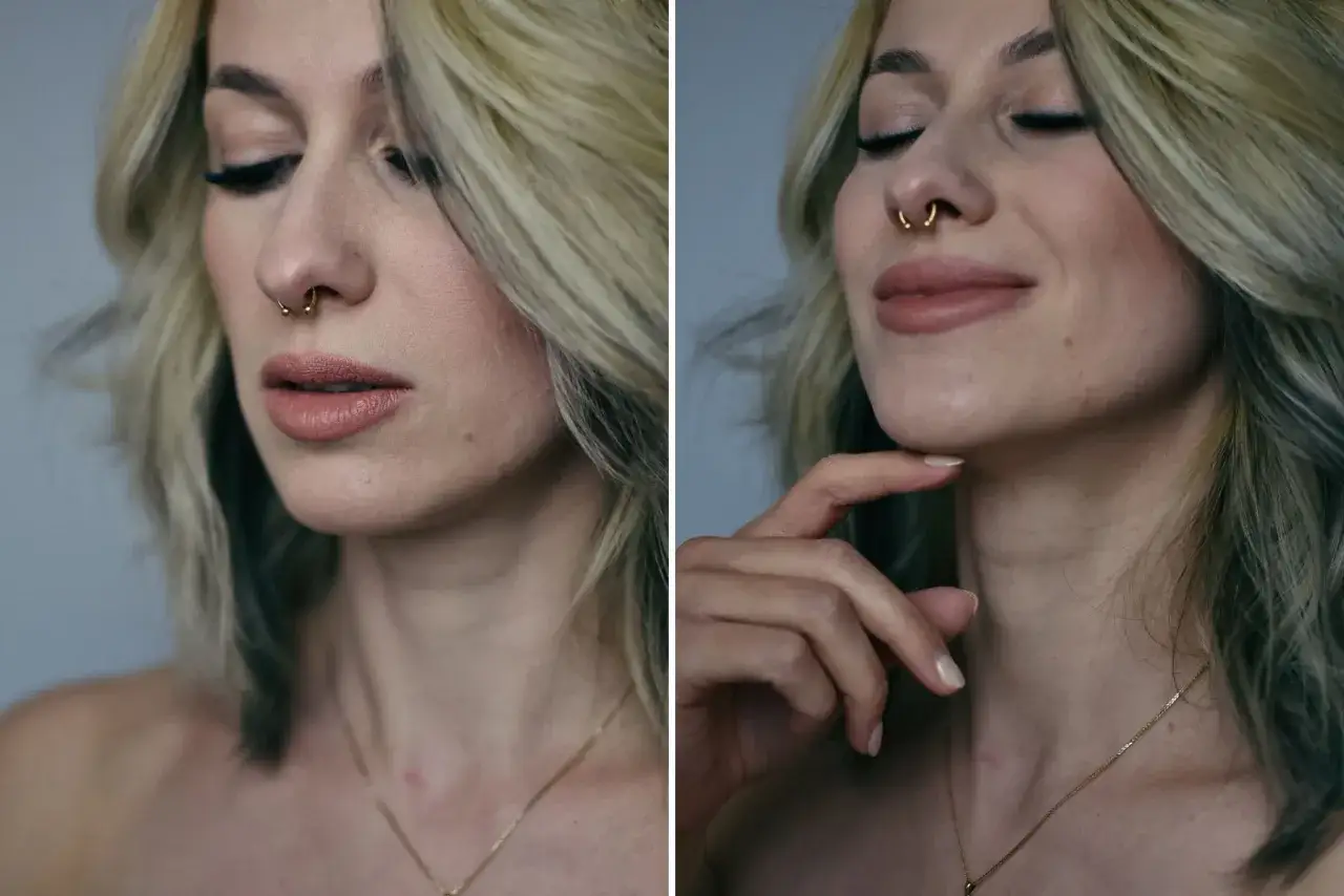 Kobieta z blond włosami i makijażem, z widocznym złotym kolczykiem w nosie septum.