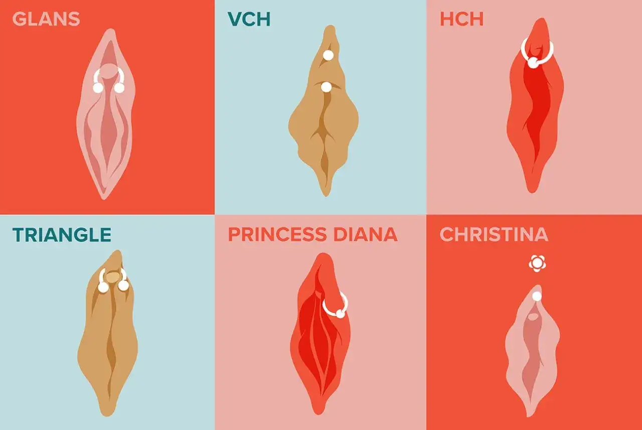 Ilustracje różnych typów piercingu intymnego, w tym VCH piercing, pokazujące umiejscowienie biżuterii.