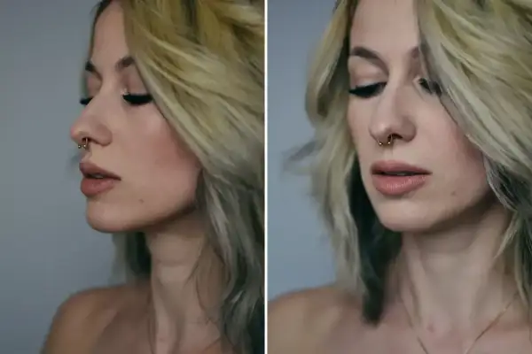 Kobieta z blond włosami i kolczykiem w nosie (septum). Widać jej profil i zbliżenie na twarz.
