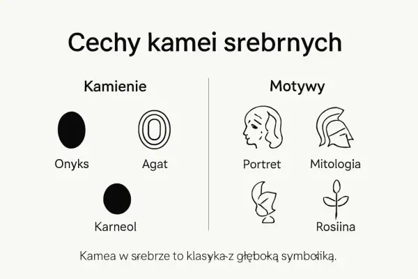 Kamea co to? Wyjaśnienie cech kamei srebrnych: kamienie (onyks, agat, karneol) i motywy (portret, mitologia, roślina).
