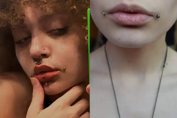 Dwa zbliżenia na twarze z kolczykami. Po lewej dziewczyna z kolczykiem w nosie i ustach, po prawej zbliżenie na usta z dahlia piercing.