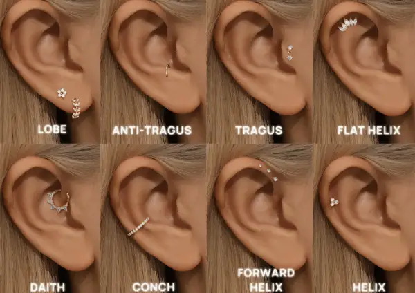 Kolekcja kolczyków do ucha: lobe, anti-tragus, tragus, flat helix, daith, conch, forward helix, helix.