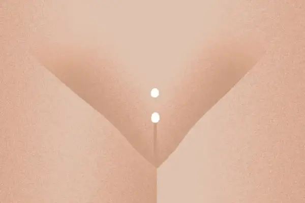 Ilustracja przedstawiająca kobiece okolice intymne z dwoma białymi koralikami piercingu.