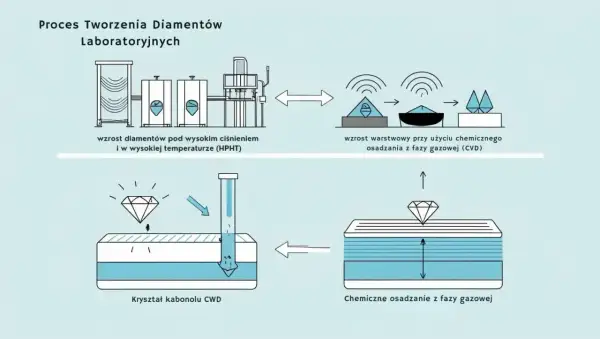Schemat pokazuje, jak powstaje diament laboratoryjny: metodą HPHT (wysokie ciśnienie i temperatura) lub CVD (chemiczne osadzanie z fazy gazowej).