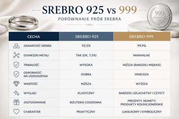 Tabela porównuje srebro 925 (92,5% czystości) i 999 (99,9%). Próba złota 925 co to znaczy? To 92,5% czystego srebra.