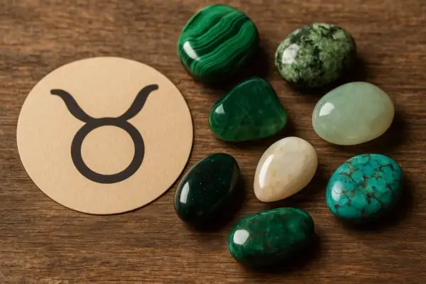 Symbol byka i różne zielone, białe i turkusowe kamienie. Idealne kamienie dla byka.