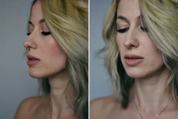 Kobieta z blond włosami i złotym kółkiem w nosie, czyli septum.