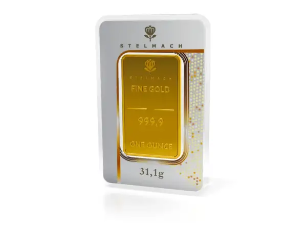 Sztabka złota Stelmach "Fine Gold" o próbie 999,9. Waga: jedna uncja, czyli 31,1g.