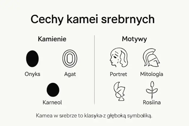 Kamea co to? Wyjaśnienie cech kamei srebrnych: kamienie (onyks, agat, karneol) i motywy (portret, mitologia, roślina).